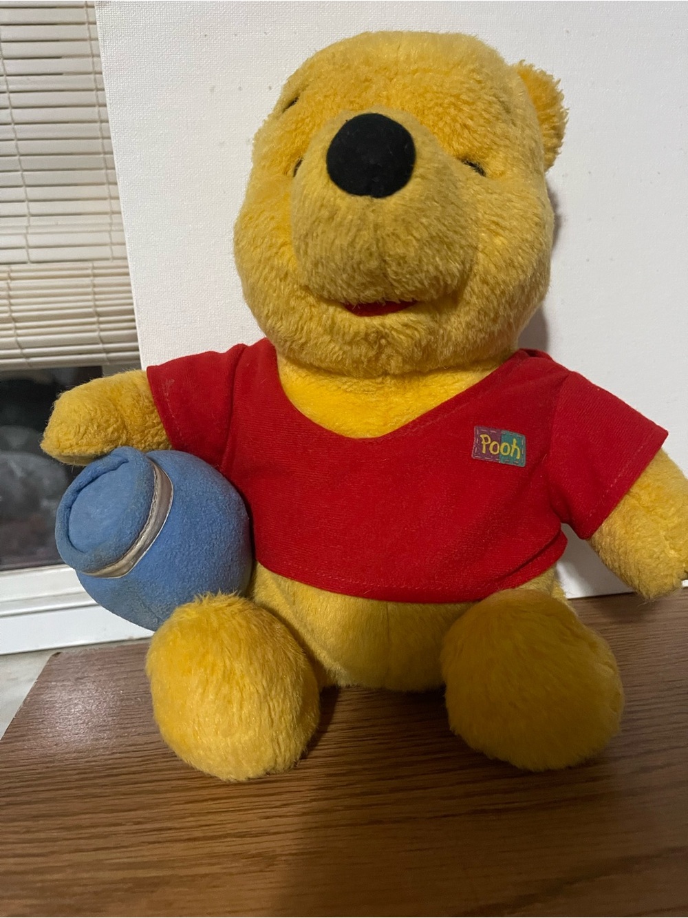 Disney Yellow Winnie the Pooh Plush with Red Shirt and Blue Pot